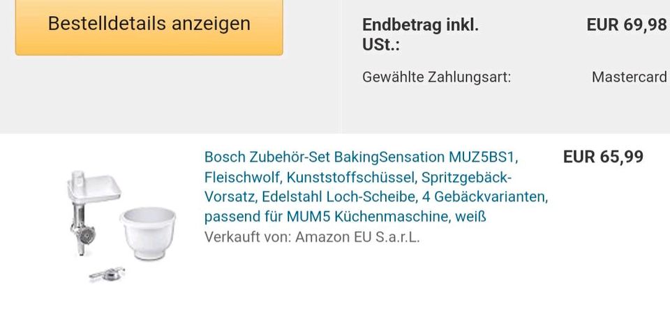 Set accesorii Bosch BakingSensation MUZ5BS1, mașină de tocat carne, bol de plastic, accesoriu pentru patiserie, disc perforat din oțel inoxidabil, 4 variante de patiserie, potrivit pentru seria 4