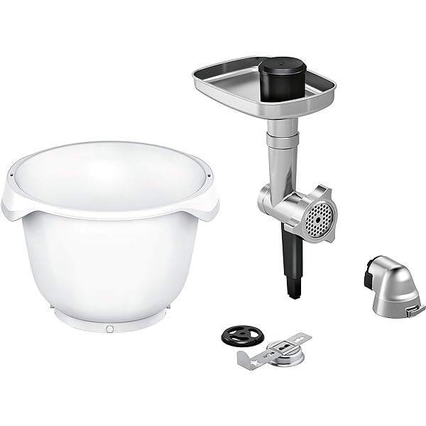 Set accesorii Bosch BakingSensation MUZ5BS1, mașină de tocat carne, bol de plastic, accesoriu pentru patiserie, disc perforat din oțel inoxidabil, 4 variante de patiserie, potrivit pentru seria 4