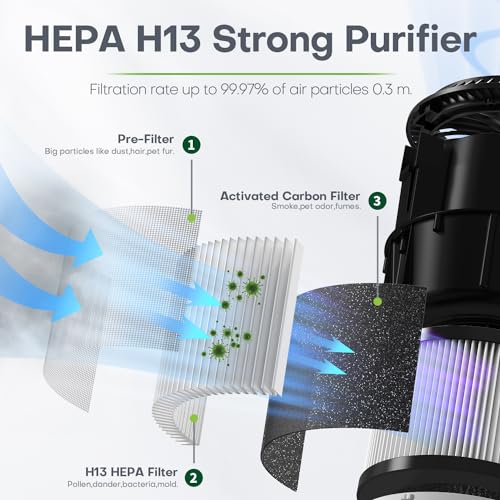Purificator de aer CONOPU bolnavi de alergie, purificator de aer filtru Hepa H13, filtru de aer cu 3 nivele de filtrare 99,97% performanță de filtrare, purificator de aer de cameră cu aromoterapie, pentru miros de praf, alb, OJH001