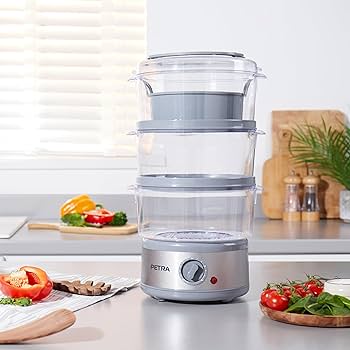 Petra PT2726ZV2HEVDE Aparat electric cu abur în 3 trepte - gătitor multiplu de 7,5 L, coș detașabil fără BPA și bol de orez incluse, design compact, temporizator de 60 de minute, 500 W, abur pentru carne și legume, argintiu