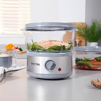 Petra PT2726ZV2HEVDE Aparat electric cu abur în 3 trepte - gătitor multiplu de 7,5 L, coș detașabil fără BPA și bol de orez incluse, design compact, temporizator de 60 de minute, 500 W, abur pentru carne și legume, argintiu