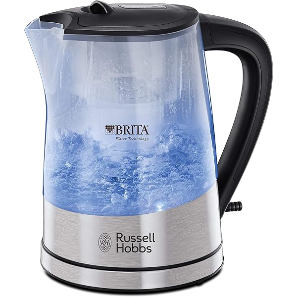 Fierbător electric Russell Hobbs Purity - 1 litru, 2200 W, filtru Brita, indicator de schimbare a cartuşului, iluminare albastră, plastic, detalii din oţel inoxidabil, argintiu - 22850-70