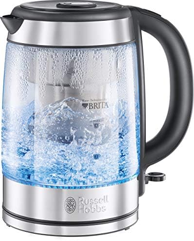 Fierbător electric Russell Hobbs Purity - 1 litru, 2200 W, filtru Brita, indicator de schimbare a cartuşului, iluminare albastră, plastic, detalii din oţel inoxidabil, argintiu - 22850-70