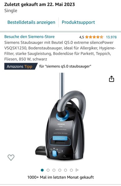 Aspirator Siemens cu sac Q5.0 extreme silencePower VSQ5X1230, aspirator, ideal pentru alergici, filtru igienic, putere de aspirare puternica, duza podea pentru parchet, covor, gresie, 850 W, negru