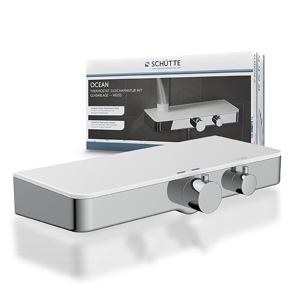 Set de robinet termostatic pentru duș Schuette 60535 Ocean, robinet robinet de protecție la opărire la 38 de grade, robinet de duș baterie monocomandă cu raft din sticlă securizată, alb