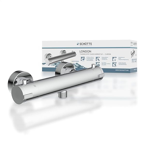 Set de robinet termostatic pentru duș Schuette 60535 Ocean, robinet robinet de protecție la opărire la 38 de grade, robinet de duș baterie monocomandă cu raft din sticlă securizată, alb