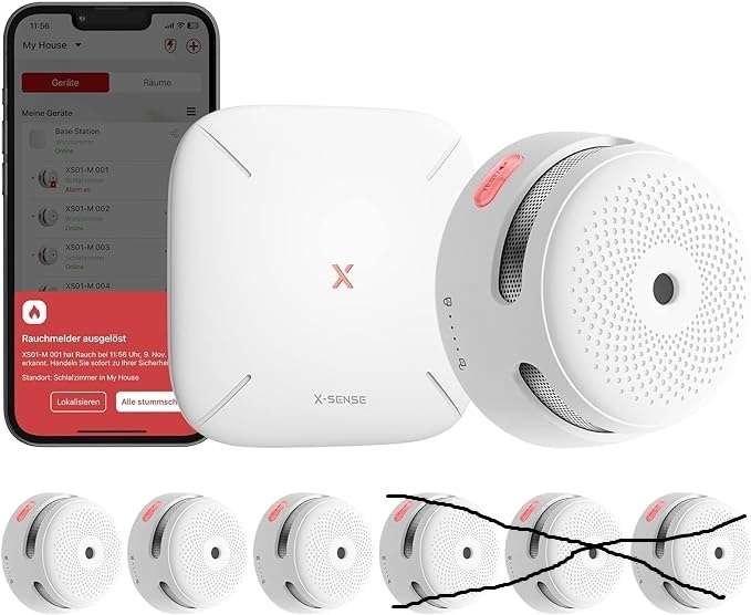 Detector de fum X-Sense XS01-M ProConnected cu stație de bază SBS50, certificat TÜV, detector de fum fără fir, sistem de securitate la domiciliu, alarmă de incendiu conectabilă în rețea, compatibil cu