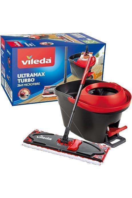 Set complet de mop de podea Vileda Ultramax Turbo 2in1, mop cu maner, capac din microfibra si galeata cu power spinner, pentru toate podelele dure, lungime maner 75-130cm
