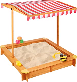 Groot cu nisip Relaxdays cu acoperiș reglabil, HxLxD: 117 x 117 x 117 cm, groapă cu nisip cu pardoseală fleece, lemn de brad, natural, maro deschis, roșu, alb