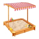 Groot cu nisip Relaxdays cu acoperiș reglabil, HxLxD: 117 x 117 x 117 cm, groapă cu nisip cu pardoseală fleece, lemn de brad, natural, maro deschis, roșu, alb