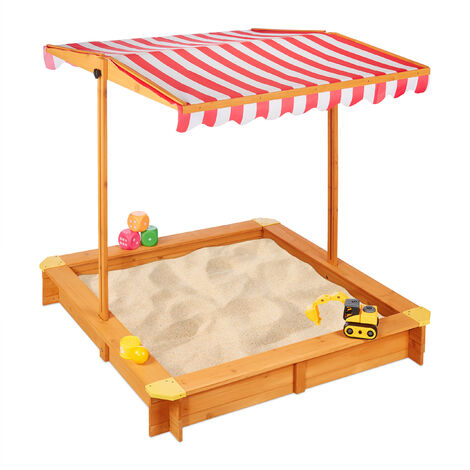 Groot cu nisip Relaxdays cu acoperiș reglabil, HxLxD: 117 x 117 x 117 cm, groapă cu nisip cu pardoseală fleece, lemn de brad, natural, maro deschis, roșu, alb
