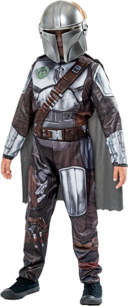 Costum Mandalorian clasic Rubie's pentru baieti sau fete Salopeta din gama Mandalorian cu detalii imprimate, pelerină și mască pentru Halloween, Crăciun, Mardi Gras și Zile de naștere