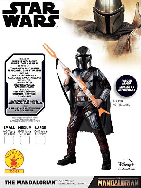 Costum Mandalorian clasic Rubie's pentru baieti sau fete Salopeta din gama Mandalorian cu detalii imprimate, pelerină și mască pentru Halloween, Crăciun, Mardi Gras și Zile de naștere