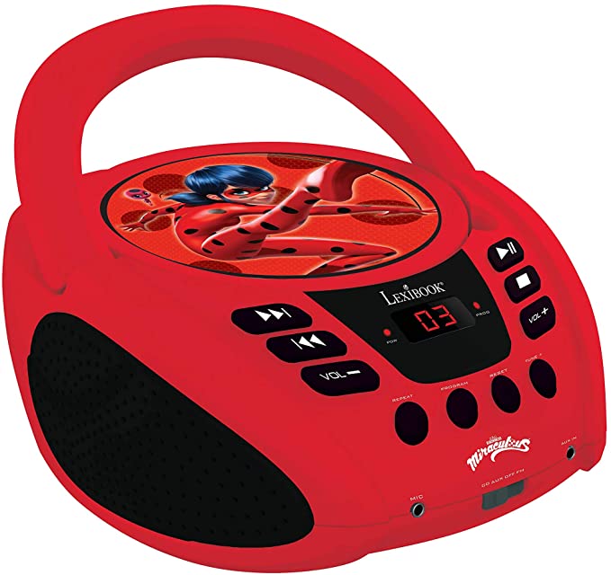 Lexibook, Miraculous Ladybug Cat Noir, CD Player, Programabil, Mufă pentru căști, Pentru copii, Funcționează la rețea sau cu baterie, Roșu/Negru, RCDK100MI