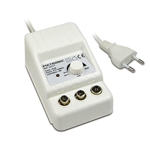 Metronic 332177 Amplificator de antenă TV pentru canale TDT Compatibil cu 4G/5G 26dB 2 ieșiri cu conector TV 9,52 mm Alb
