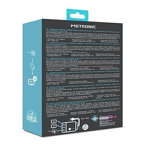 Metronic 332177 Amplificator de antenă TV pentru canale TDT Compatibil cu 4G/5G 26dB 2 ieșiri cu conector TV 9,52 mm Alb