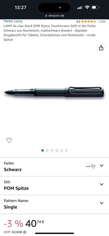 Stilo tactil LAMY AL-star negru EMR cu ecran tactil în negru, din aluminiu, anodizat negru mat - stilou de intrare digitală pentru tablete, smartphone-uri și notebook-uri - vârf rotund
