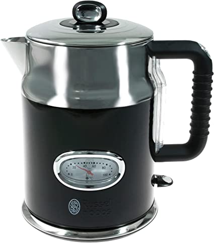 Fierbător Russell Hobbs [1,7 l, 2400 W] Retro negru și oțel inoxidabil lustruit (funcție de fierbere rapidă, afișaj al temperaturii apei cu design retro, indicator extern al nivelului apei) Fierbător de ceai vintage 21671-70