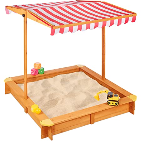 Groot cu nisip Relaxdays cu acoperiș reglabil, HxLxD: 117 x 117 x 117 cm, groapă cu nisip cu pardoseală fleece, lemn de brad, natural, maro deschis, roșu, alb