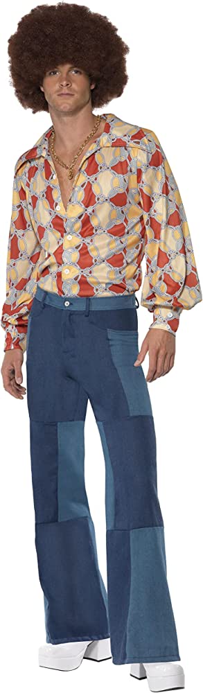 Smiffys, costum bărbați retro anii 70, cămașă și pantaloni din denim mozaic, mărime: M, 22277