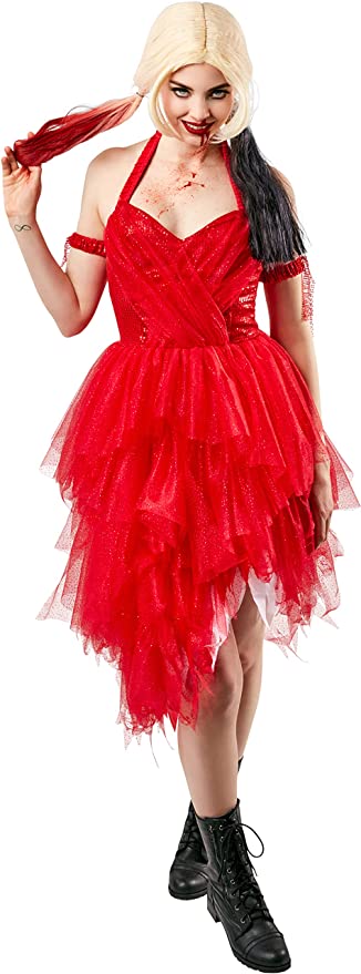 Rochie roșie pentru femei, oficială Rubie’s Harley Quinn, costum de răufăcător Halloween Suicide Squad 2 pentru femei
