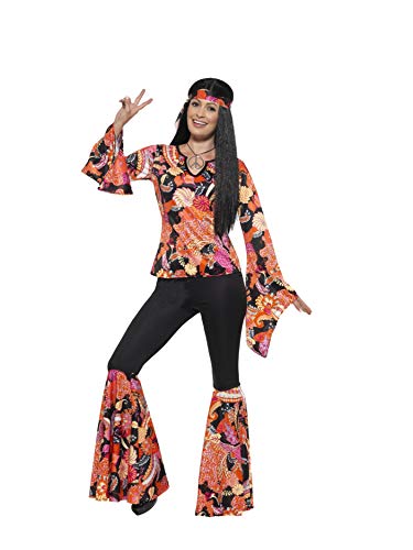 Smiffys 45516X1 - Costum hippie pentru femei, top, pantaloni, batic și medalion, mărime: 48-50, multicolor
