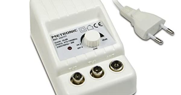 Metronic 332177 Amplificator de antenă TV pentru canale TDT Compatibil cu 4G/5G 26dB 2 ieșiri cu conector TV 9,52 mm Alb