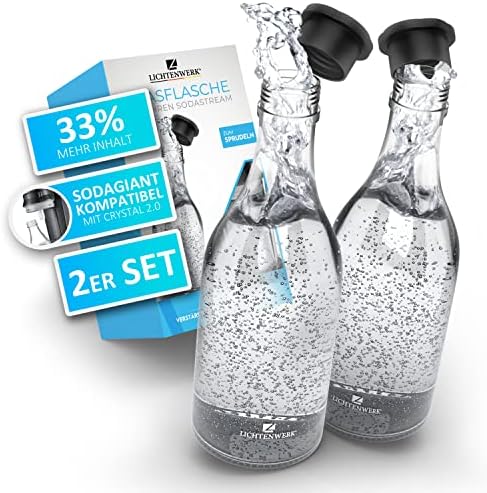 LICHTENWERK® 2X sticle de sticlă premium compatibile cu Sodastream Crystal 2.0 [33% MAI MULTĂ BULĂ] - Carafă elegantă din sticlă cu mai mult volum - Sticla de băut cu barbotare - Potrivit pentru dioxid de carbon - Se poate spăla în mașina de spălat vase