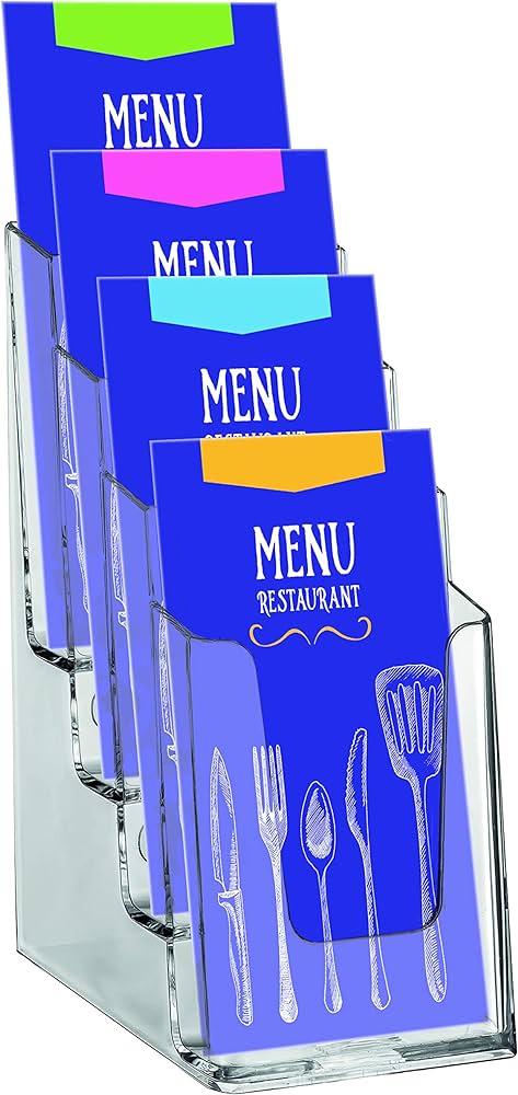 Suport brosuri Europel suport multiplu pentru brosuri, 4x DIN 1/3 A4 - polistiren transparent - suport brosuri pentru birouri - suport brosuri in format portret pentru meniuri, brosuri, cataloage, carti de preturi