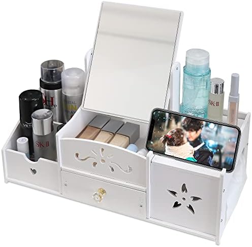 LEcylankEr Organizator de cosmetice, Organizator de masă de toaletă cu oglindă, Organizator de cosmetice de birou alb, Organizator de machiaj alb cu sertar pentru comodă/dormitor/baie (oglindă pătrată)