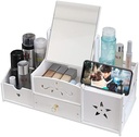 LEcylankEr Organizator de cosmetice, Organizator de masă de toaletă cu oglindă, Organizator de cosmetice de birou alb, Organizator de machiaj alb cu sertar pentru comodă/dormitor/baie (oglindă pătrată)