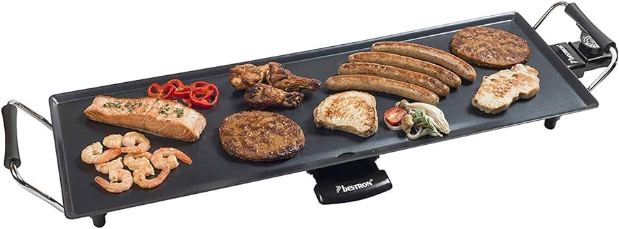 Gratar electric de masa Bestron, placa gratar plancha/teppanyaki XL cu invelis antiaderent, distractie la gratar pentru pana la 6 persoane, suprafata gratar extra lunga, 1.800 wati, culoare; Negru