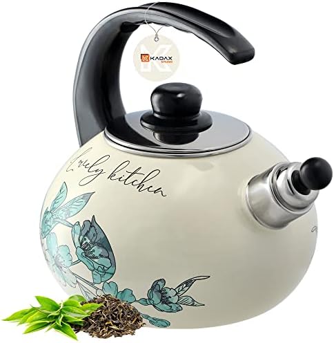 Fierbător KADAX, Fierbător din oțel inoxidabil, Fierbător cu fluier de 2,2 L, Fierbător pentru aragaz cu inducție și pe gaz, Fierbător de ceai, Fierbător emailat, Fierbător retro cu fluier (Flori verzi)