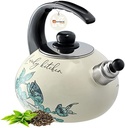 Fierbător KADAX, Fierbător din oțel inoxidabil, Fierbător cu fluier de 2,2 L, Fierbător pentru aragaz cu inducție și pe gaz, Fierbător de ceai, Fierbător emailat, Fierbător retro cu fluier (Flori verzi)