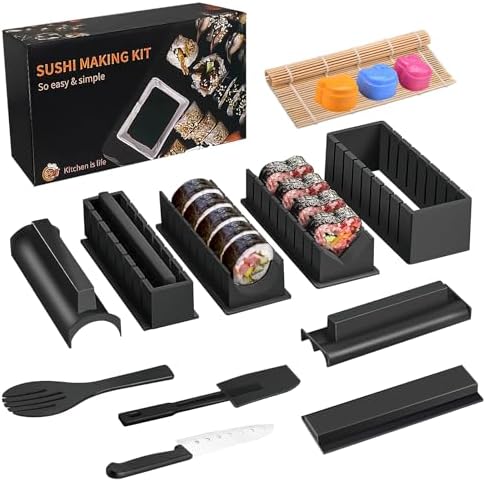Setul de sushi de la The Kit Company™ | Accesorii și unelte din 15 piese, inclusiv o carte electronică detaliată | Cutit sushi profesional, spatula cu geanta de transport