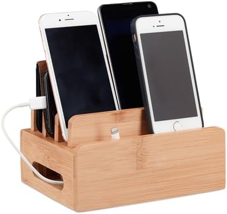 Statie de incarcare din bambus Relaxdays, suport telefon mobil de birou pentru 6 dispozitive, cutie de cablu din lemn pentru comanda, HBT 9 x 17 x 13 cm, natural