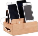 Statie de incarcare din bambus Relaxdays, suport telefon mobil de birou pentru 6 dispozitive, cutie de cablu din lemn pentru comanda, HBT 9 x 17 x 13 cm, natural