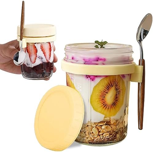 Jogoico 2 pachete de pahare de sticlă cu muesli cu lingură, căni de iaurt, pahare de ovăz peste noapte, căni de iaurt de 350 ml, borcane de conservare, recipient ermetic pentru muesli, terci, lapte, fructe (galben)