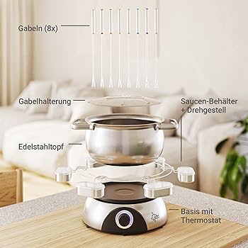 Set electric Russell Hobbs [fondue de brânză, fondue de ciocolată sau fondue de ulei/bulion] Fiesta (inclusiv 6 furculițe colorate, lavabil la mașina de spălat vase și oală de 1,2 l din oțel inoxidabil, 1200 W) 22560-56