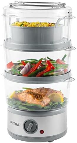 Petra PT2726ZV2HEVDE Aparat electric cu abur în 3 trepte - gătitor multiplu de 7,5 L, coș detașabil fără BPA și bol de orez incluse, design compact, temporizator de 60 de minute, 500 W, abur pentru carne și legume, argintiu