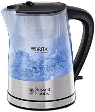 Fierbător electric Russell Hobbs Purity - 1 litru, 2200 W, filtru Brita, indicator de schimbare a cartuşului, iluminare albastră, plastic, detalii din oţel inoxidabil, argintiu - 22850-70