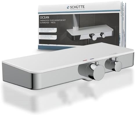 Set de robinet termostatic pentru duș Schuette 60535 Ocean, robinet robinet de protecție la opărire la 38 de grade, robinet de duș baterie monocomandă cu raft din sticlă securizată, alb
