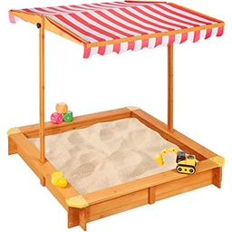 Groot cu nisip Relaxdays cu acoperiș reglabil, HxLxD: 117 x 117 x 117 cm, groapă cu nisip cu pardoseală fleece, lemn de brad, natural, maro deschis, roșu, alb