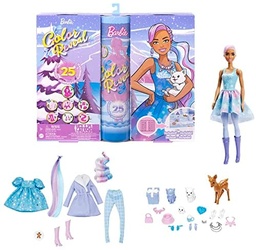 Calendar de Advent Barbie HJD60 Color Reveal, 1 păpușă și 3 animale, îmbrăcăminte, accesorii și 2 extensii de păr, 25 de surprize, cadouri de Crăciun pentru copii de la 3 ani