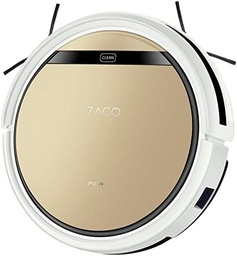 Robot aspirator ZACO V5sPro cu funcție de ștergere, robot aspirator automat, ștergere umedă 2 în 1 până la 180 mp sau aspirare, pentru podele dure, protecție împotriva căderii, fără sac, cu stație de încărcare, 22W, 300ml, auriu