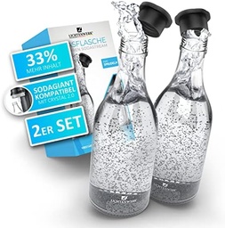 LICHTENWERK® 2X sticle de sticlă premium compatibile cu Sodastream Crystal 2.0 [33% MAI MULTĂ BULĂ] - Carafă elegantă din sticlă cu mai mult volum - Sticla de băut cu barbotare - Potrivit pentru dioxid de carbon - Se poate spăla în mașina de spălat vase