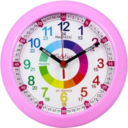 Ceas de perete Kiddus pentru copii. Profesor de timp analog cu exerciții de învățare a timpului. Ceas tăcut. O multime de limbi straine. FRANÇAIS Trandafir
