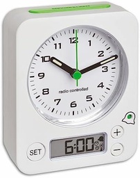 TFA Dostmann 60.1511 Ceas radio cu alarmă combinat cu oră analogică și oră digitală, deosebit de silențios și precis, alb-verde, 9 x 4 x 11,5 cm, plastic