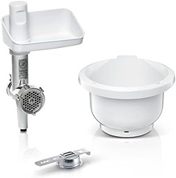 Set accesorii Bosch BakingSensation MUZ5BS1, mașină de tocat carne, bol de plastic, accesoriu pentru patiserie, disc perforat din oțel inoxidabil, 4 variante de patiserie, potrivit pentru seria 4