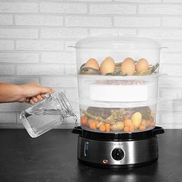 Aparat cu abur Cecotec Vapovita 3000 INOX cu 800 W, 3 recipiente independente, bol de orez, suport pentru oua, timer 60 minute. 2 racorduri laterale de apa.